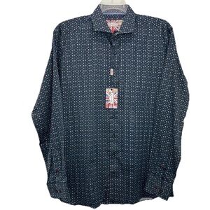 NWT 7 Downie St London Blue Print Button Up Shirt Mens Large Fitted Long Sleeve